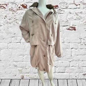 Women's Tan Button Up Lightweight Jacket Coat Size Medium Removable Hood